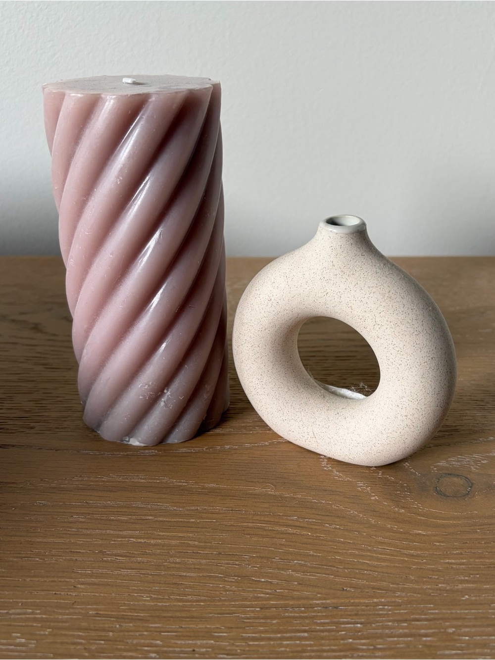 H&M Dusty Pink Spiral Candle and Cream Ceramic Donut Vase